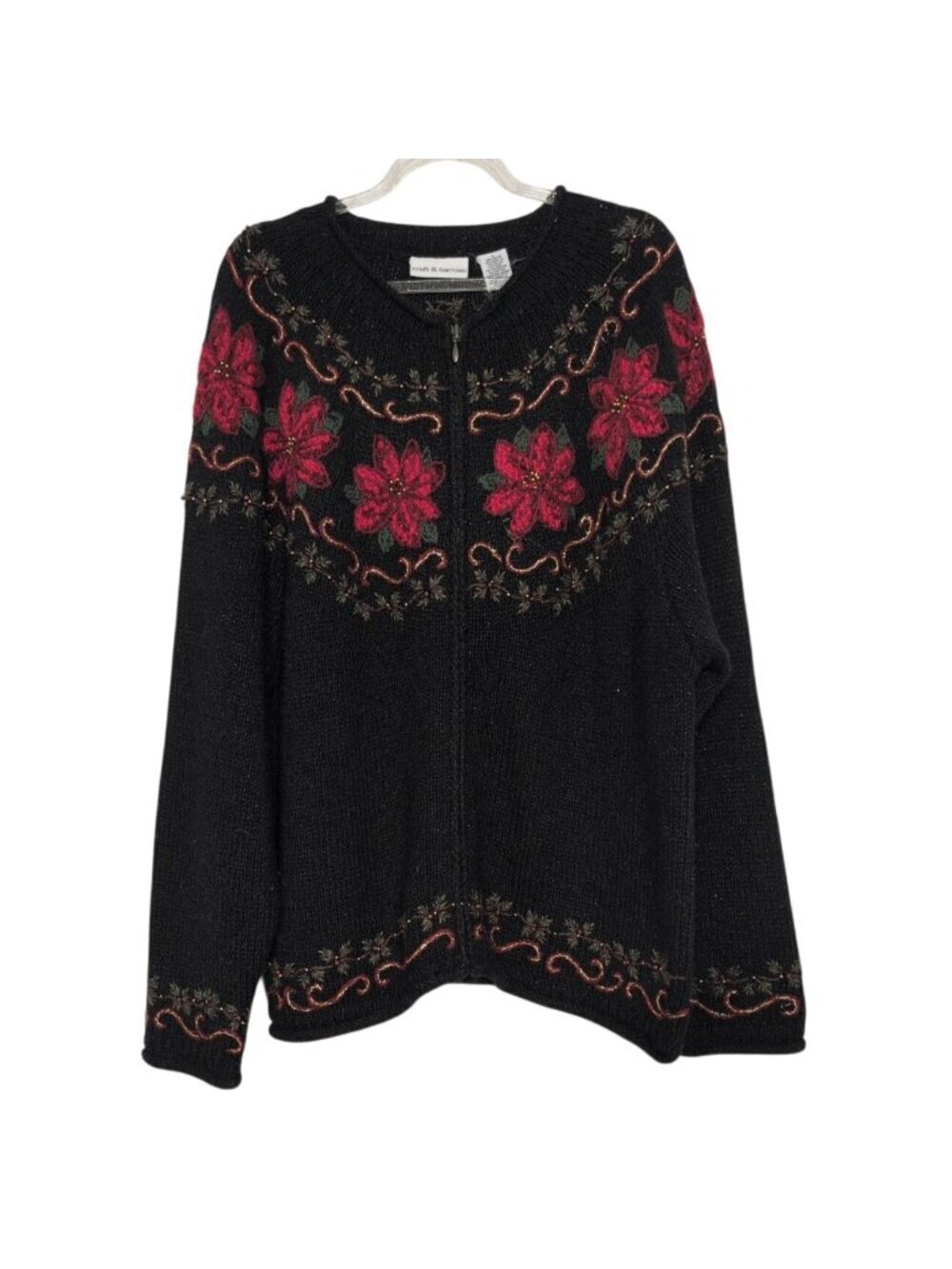 Croft & Barrow Poinsettia Cardigan Womens Size Large Black Beaded Embroidered